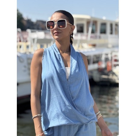 Blouse denim portefeuille bleue Katelyn