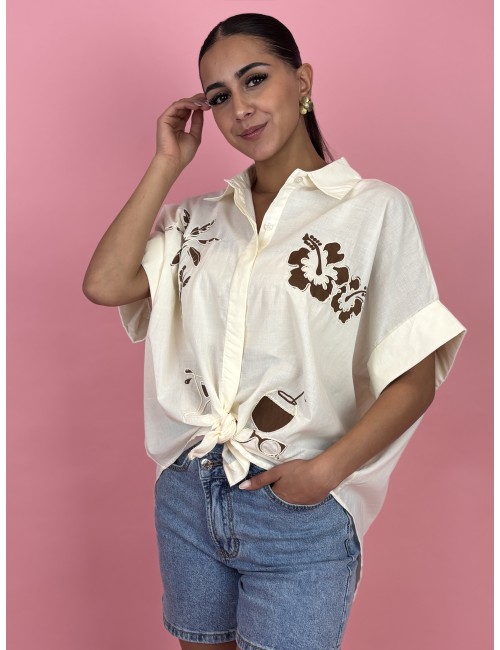 Chemise légère fluide brodée beige Ness