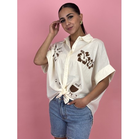 Chemise légère fluide brodée beige Ness