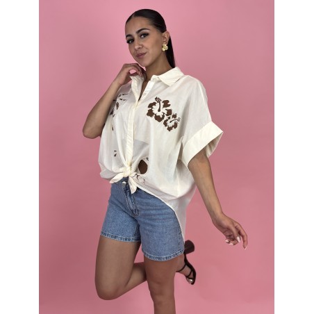 Chemise légère fluide brodée beige Ness