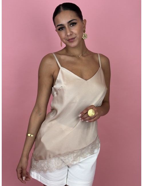 Top léger satiné à dentelle beige Esperenza