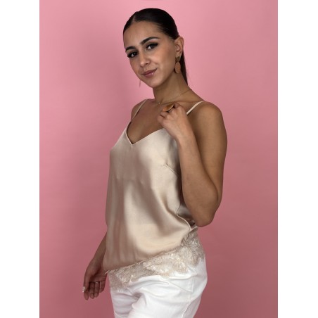Top léger satiné à dentelle beige Esperenza