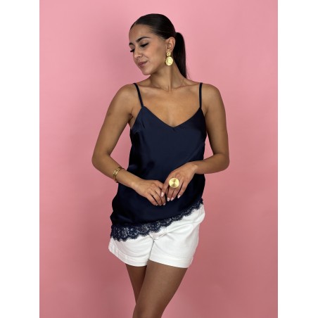 Top léger satiné à dentelle marine Esperenza
