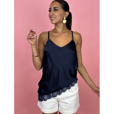 Top léger satiné à dentelle marine Esperenza