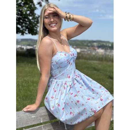 Robe courte légère à fleurs bleue ciel MILENA