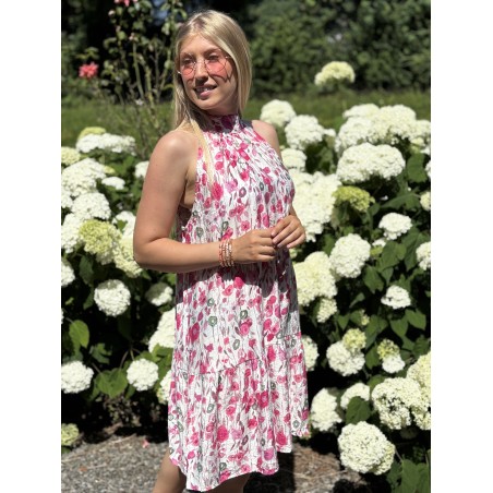 Robe à col montant imprimée de fleurs roses MELODIE