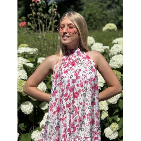 Robe à col montant imprimée de fleurs roses MELODIE