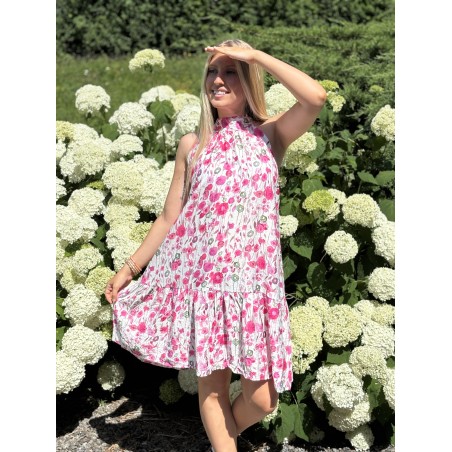 Robe à col montant imprimée de fleurs roses MELODIE