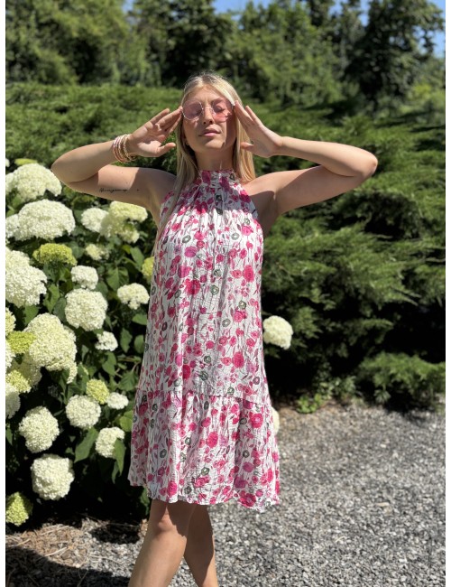 Robe à col montant imprimée de fleurs roses MELODIE