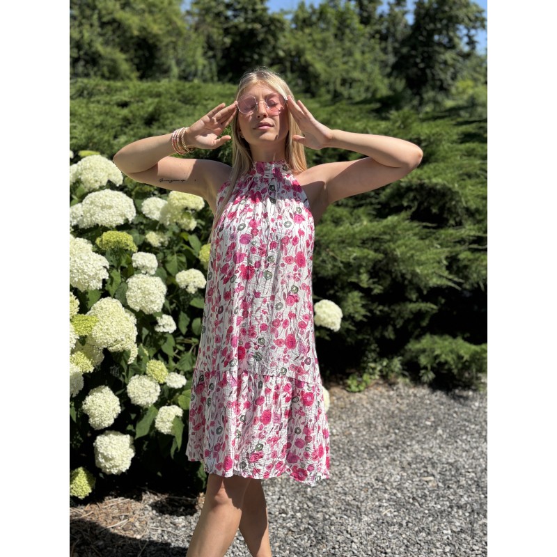 Robe à col montant imprimée de fleurs roses MELODIE