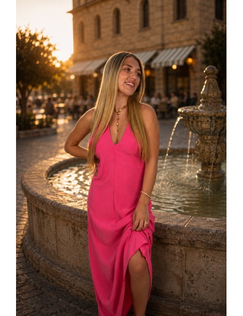 Robe longue décolleté rose fluo LILY