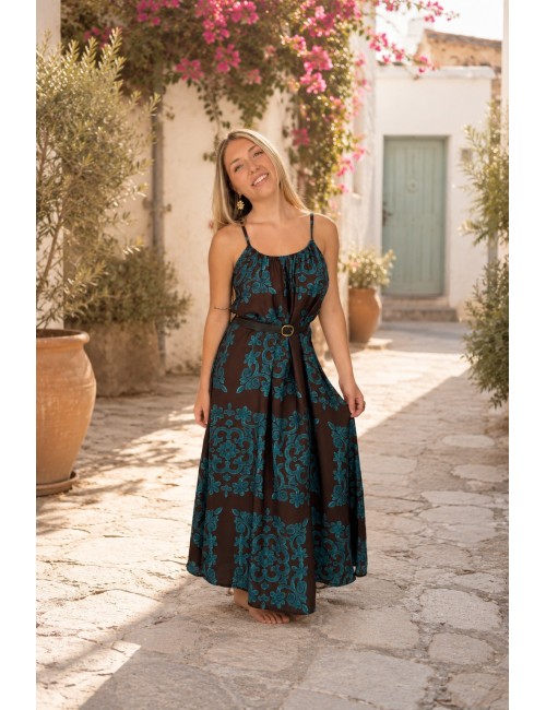 Robe longue légère bohème à motifs turquoises MILA