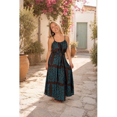 Robe longue légère bohème à motifs turquoises MILA