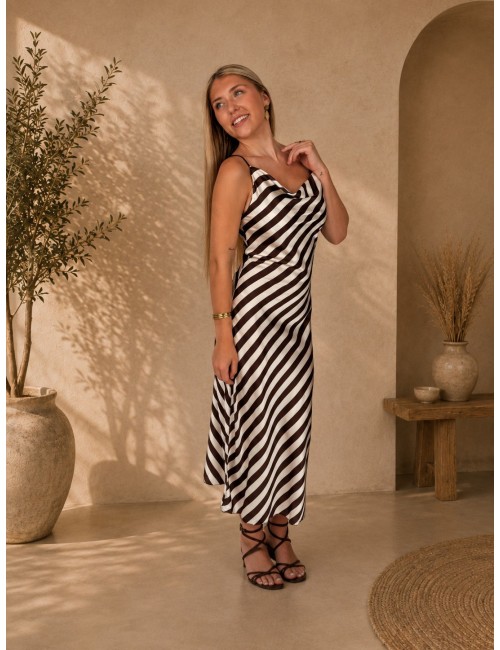 Robe lignée à décolleté beige CASSANDRA