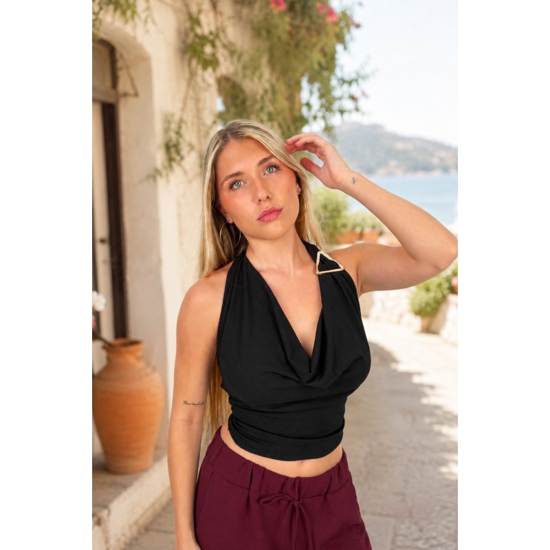 Top décolleté drapé chic noir Carla