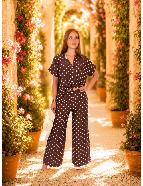 Pantalon large élastique à pois blanc choco KIM