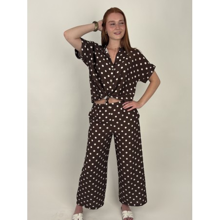 Pantalon large élastique à pois blanc choco KIM