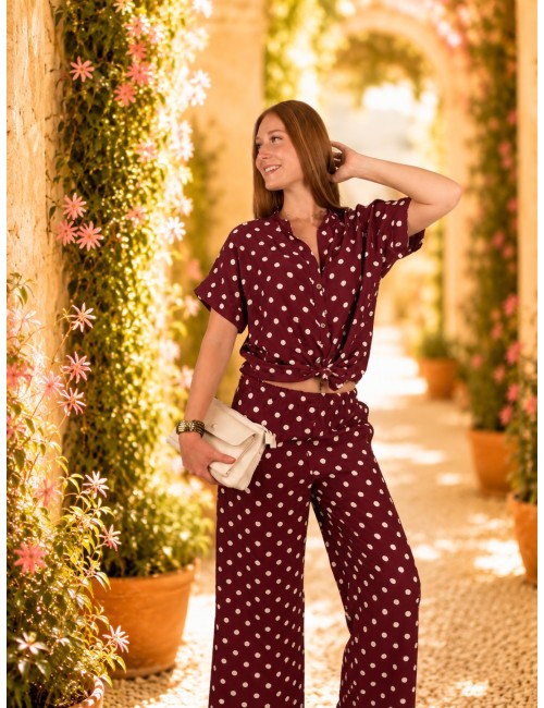 Pantalon large élastique à pois blanc bordeaux KIM