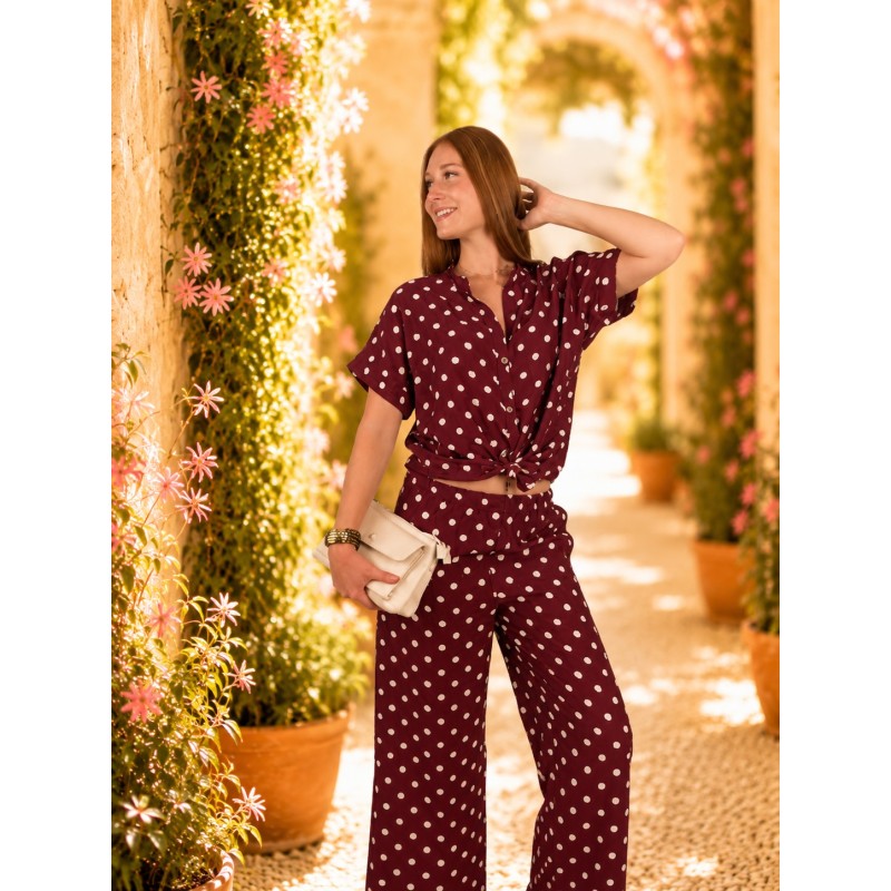 Pantalon large élastique à pois blanc bordeaux KIM