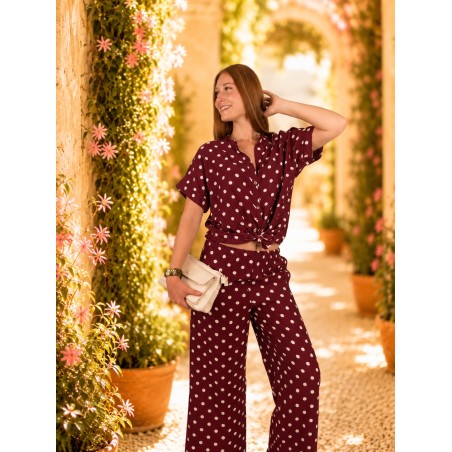 Pantalon large élastique à pois blanc bordeaux KIM