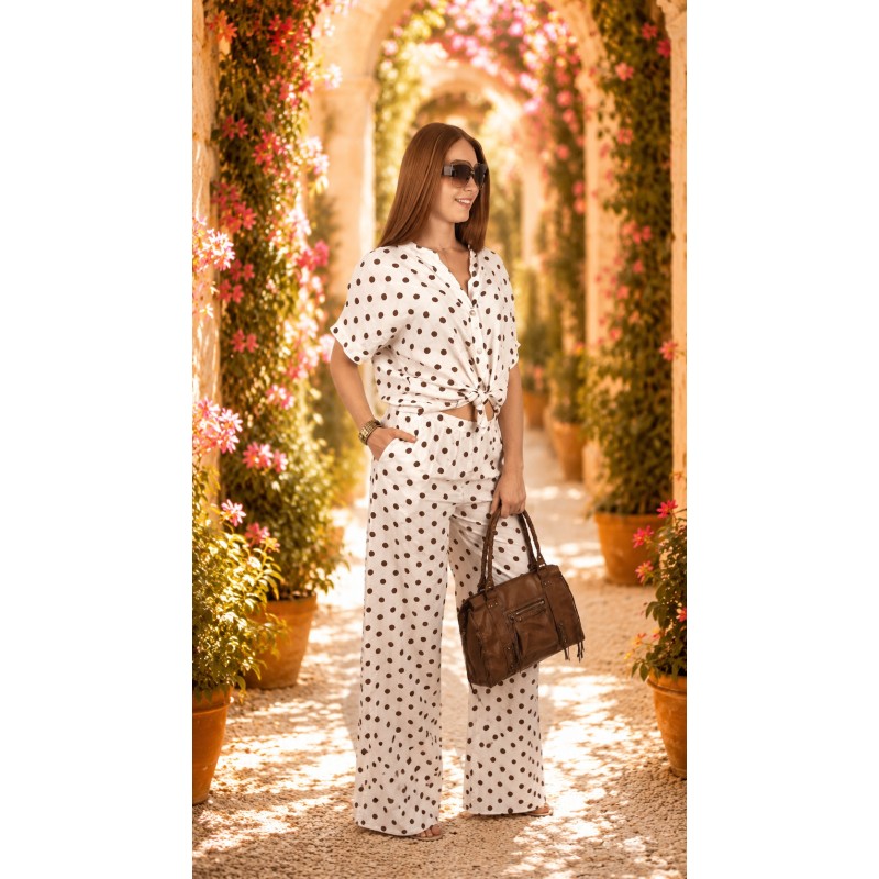 Pantalon large élastique à pois choco beige KIM