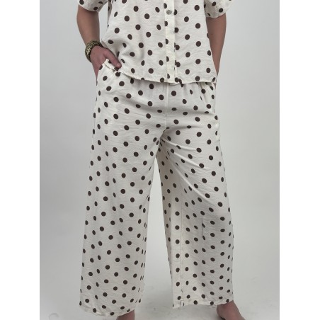 Pantalon large élastique à pois choco beige KIM