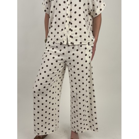 Pantalon large élastique à pois choco beige KIM