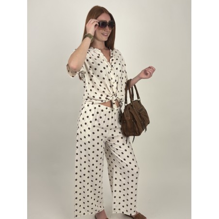 Pantalon large élastique à pois choco beige KIM