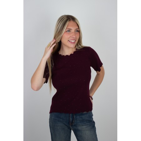 Pull léger à strass en maille court bordeaux ISADORA
