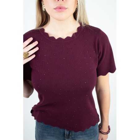 Pull léger à strass en maille court bordeaux ISADORA