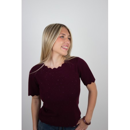 Pull léger à strass en maille court bordeaux ISADORA