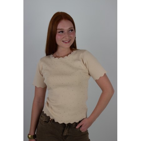 Pull léger à strass en maille court beige ISADORA