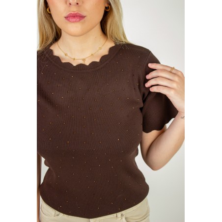 Pull léger à strass en maille court choco ISADORA