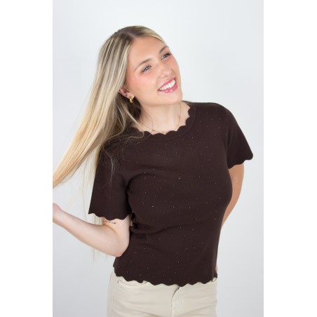 Pull léger à strass en maille court choco ISADORA