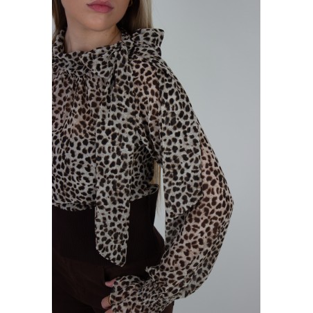 Blouse léopard à col lavallière choco INAYA