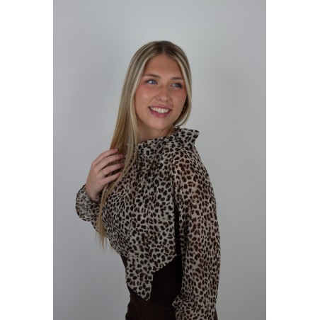 Blouse léopard à col lavallière choco INAYA