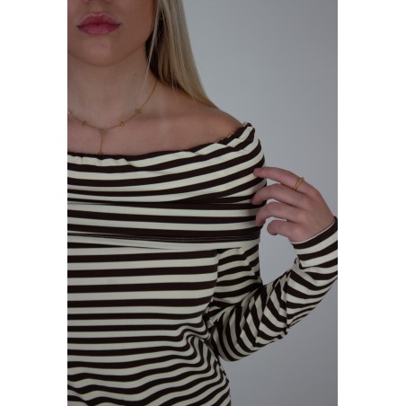 Blouse rayée col drapé choco KELLY