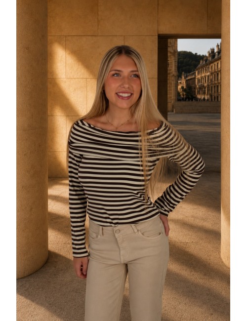 Blouse rayée col drapé choco KELLY