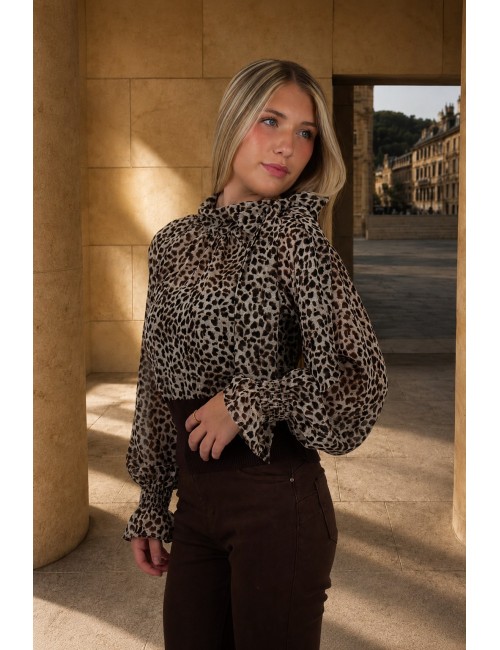 Blouse léopard à col lavallière choco INAYA