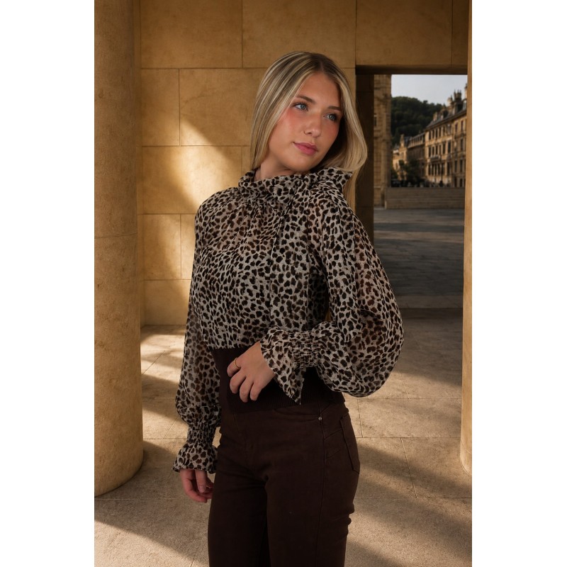 Blouse léopard à col lavallière choco INAYA