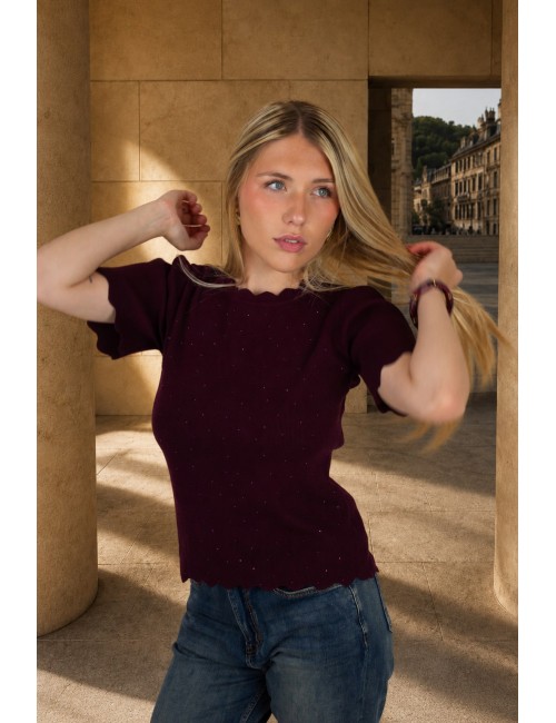 Pull léger à strass en maille court bordeaux ISADORA