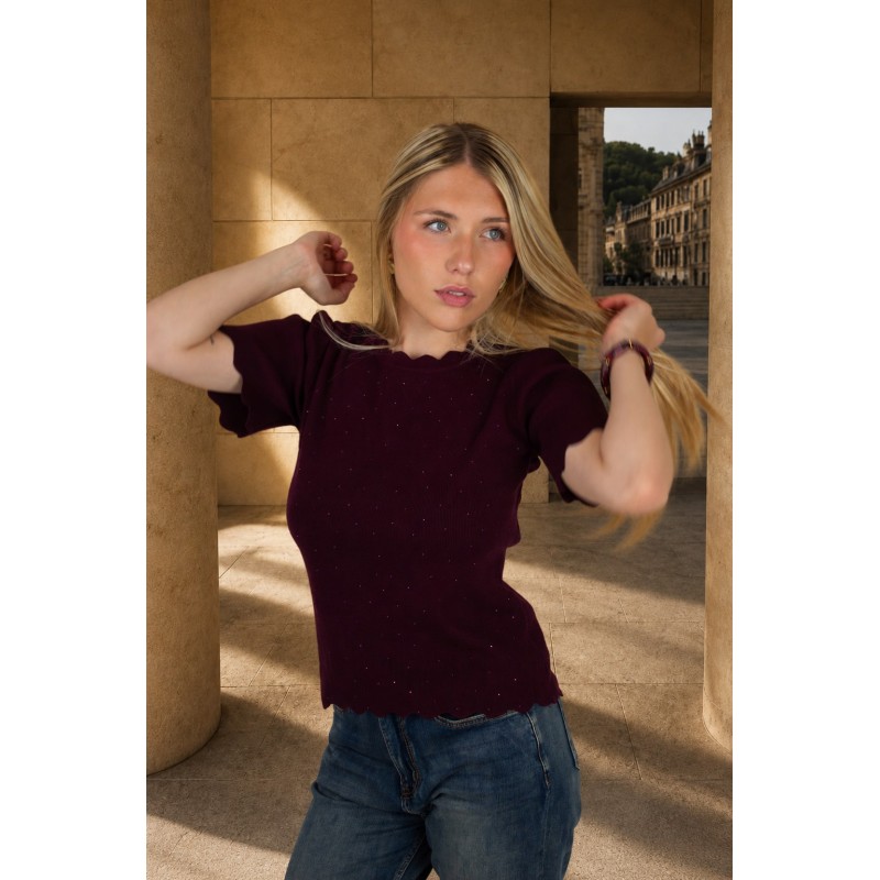 Pull léger à strass en maille court bordeaux ISADORA