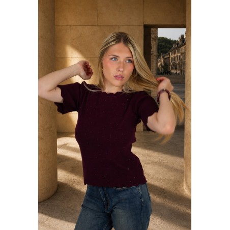 Pull léger à strass en maille court bordeaux ISADORA