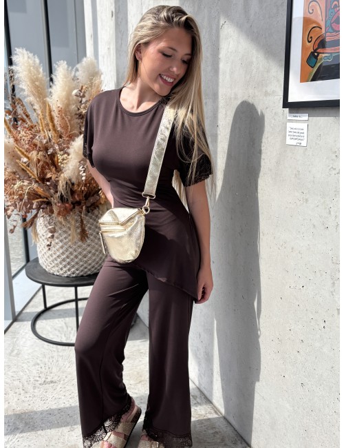 Pantalon effet satiné à dentelles choco Jennifer