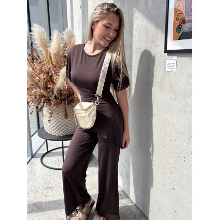 Pantalon effet satiné à dentelles choco Jennifer