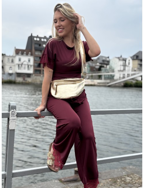 Pantalon effet satiné à dentelles bordeaux Jennifer