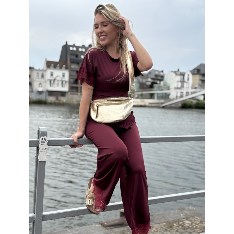 Pantalon effet satiné à dentelles bordeaux Jennifer