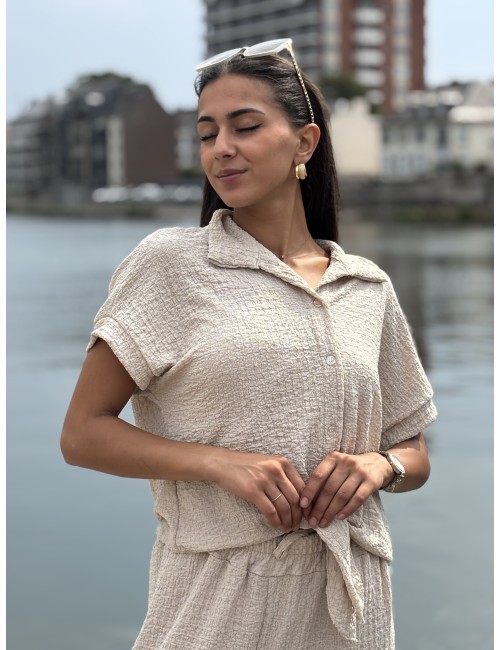 Chemise légère texturée à noeud beige Elsa
