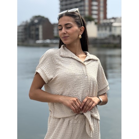 Chemise légère texturée à noeud beige Elsa