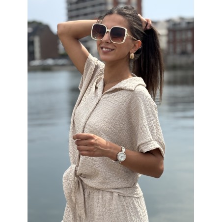 Chemise légère texturée à noeud beige Elsa